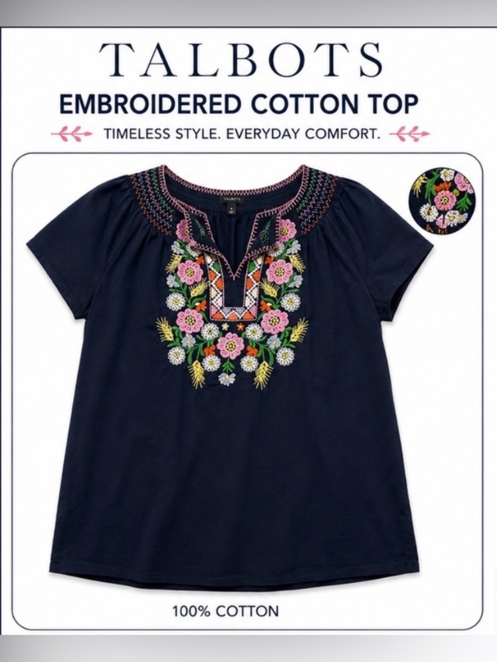 TALBOTS BOHEMIAN Blouse Size Medium. Cotton. Comfy. Embroidered. Cute. Vacay.